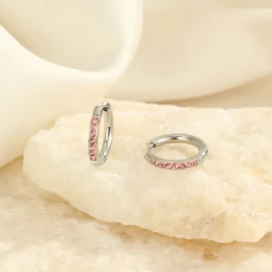 Hoops met steentjes roze/zilver